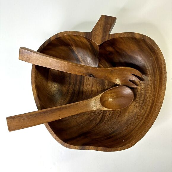 Vintage Wooden Serving Bowl Apple Shaped Fork Spoon Utensils Salad Pumpkin - Picture 1 of 16